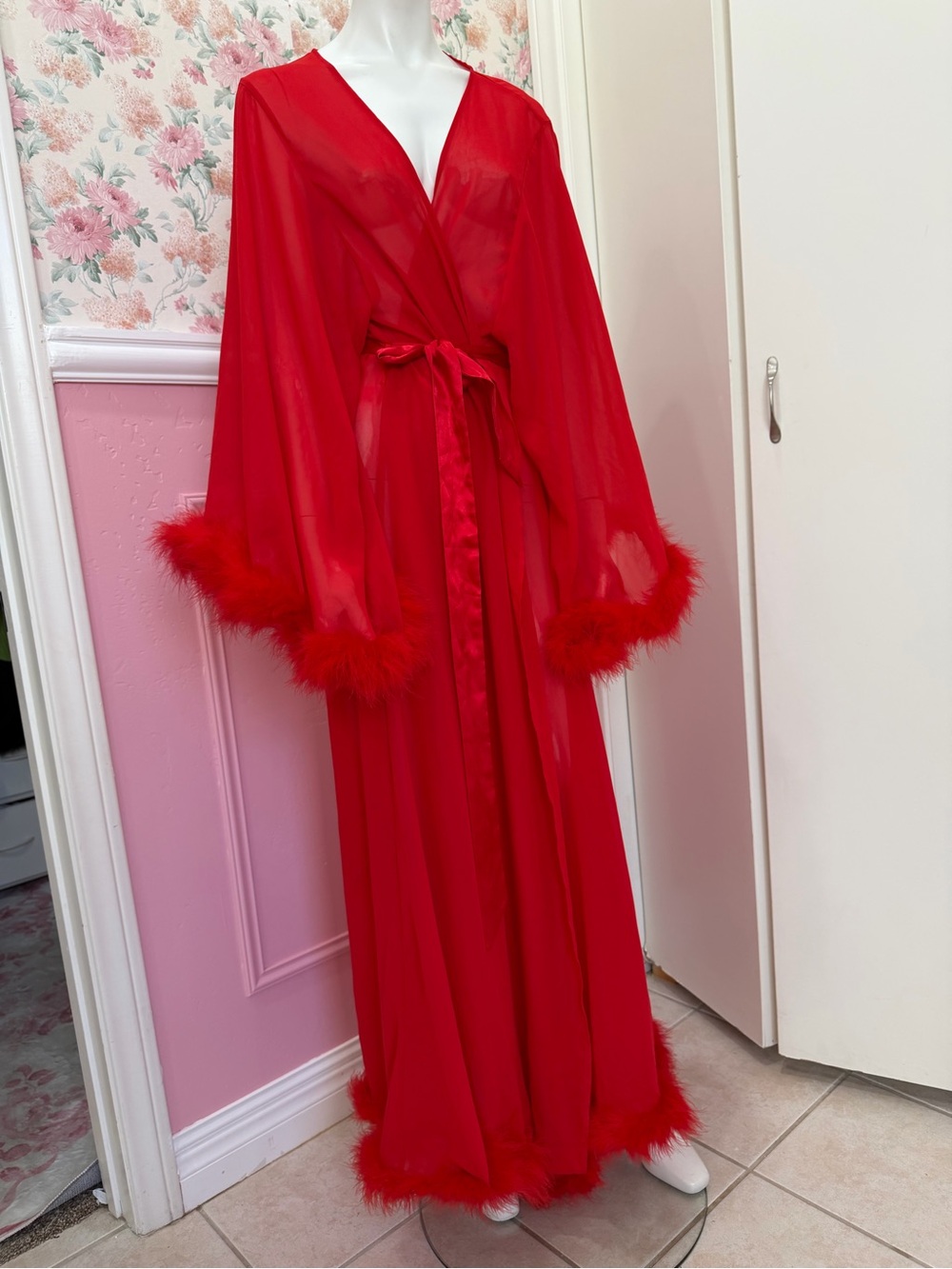 American Vintage Sheer Red Marabou-Trim Long Robe